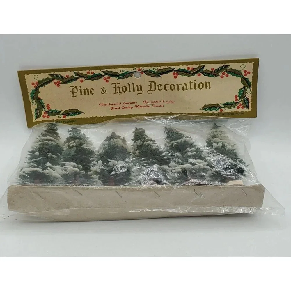 Vintage 6 Plastic Snow Cap Trees Deco by  Pine & Holly Decoration NIP Hong Kong